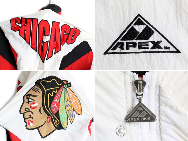 90s ■ APEX ONE NHL オフィシャル ブラックホークス ナイロン ジャケット メンズ M / 古着 90年代 オールド スタジャン  ブルゾン ホッケー-古着屋GRAB